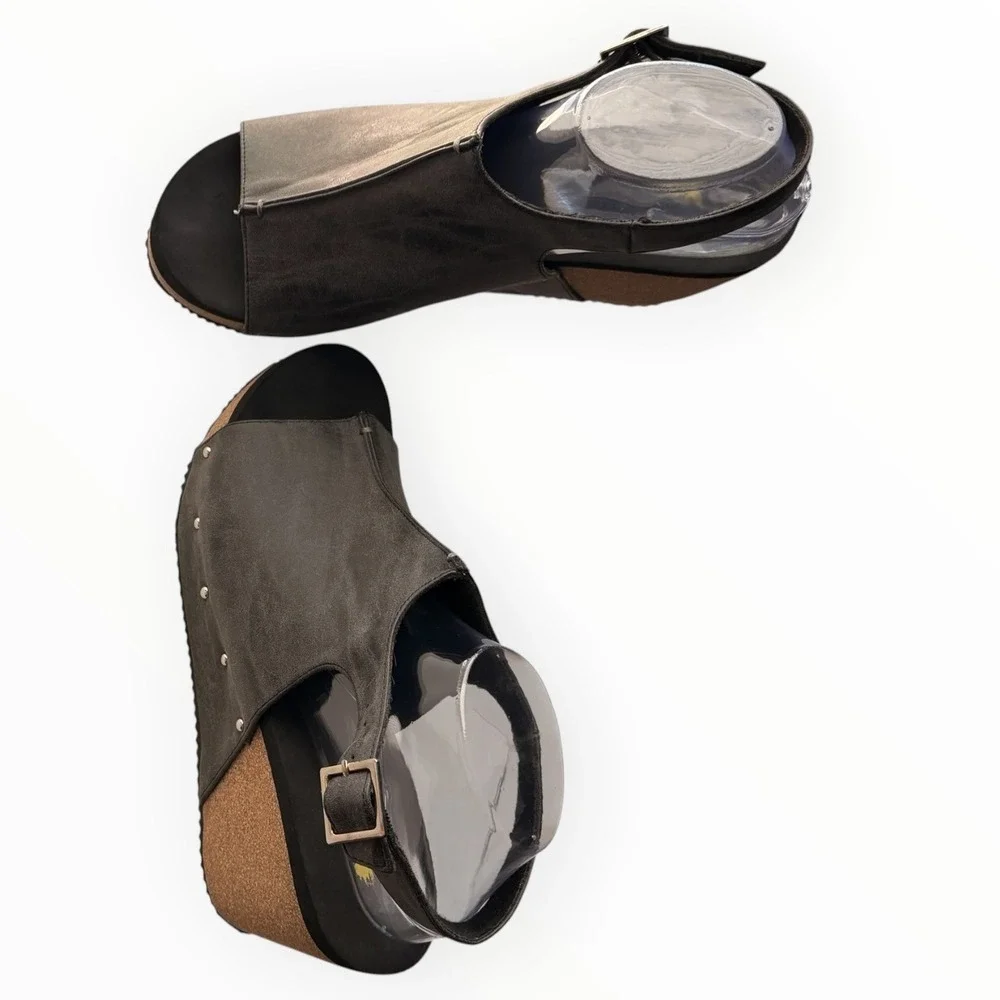Volatile Division Cork Wedge Sandals Charcoal Slingback Studded Size 10
